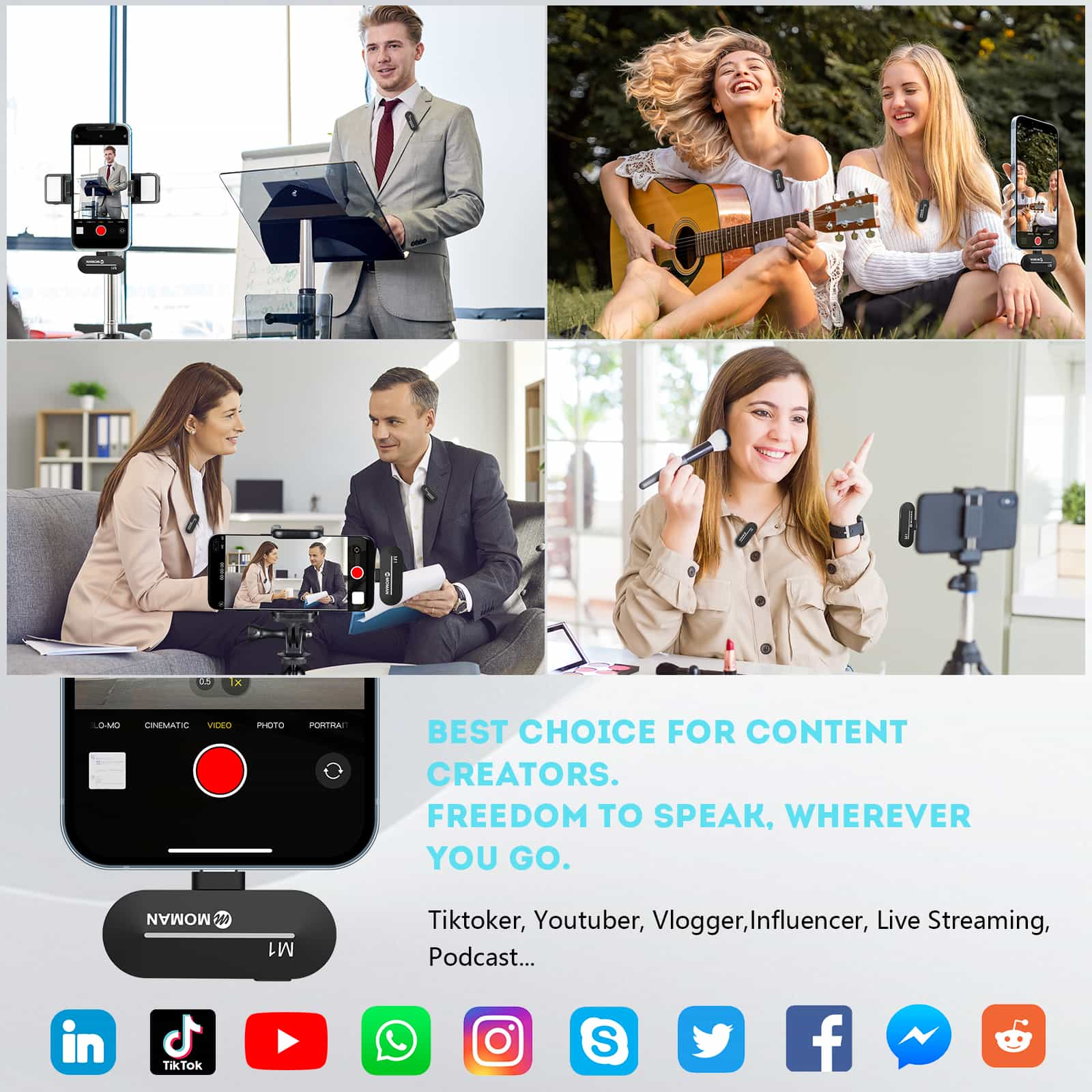 Moman M1 wireless clip mic for phone is the best choice for content creators. It gives you freedom to speak and move.