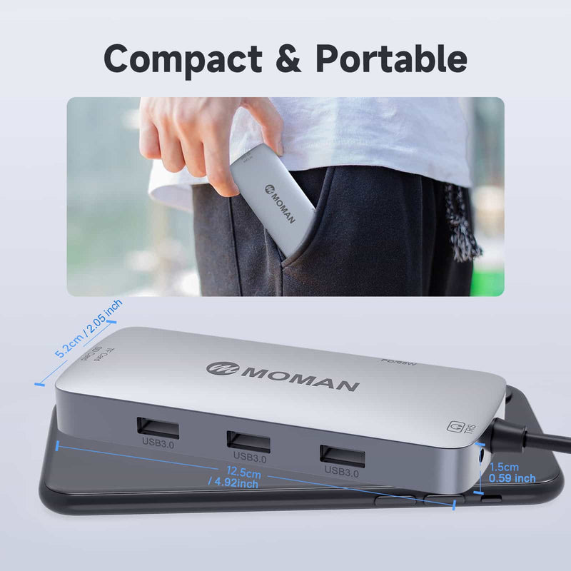 Moman CT9 multi USB C hub is compact and portable. It measures 5.2*12.5*1.5cm for easy carrying.