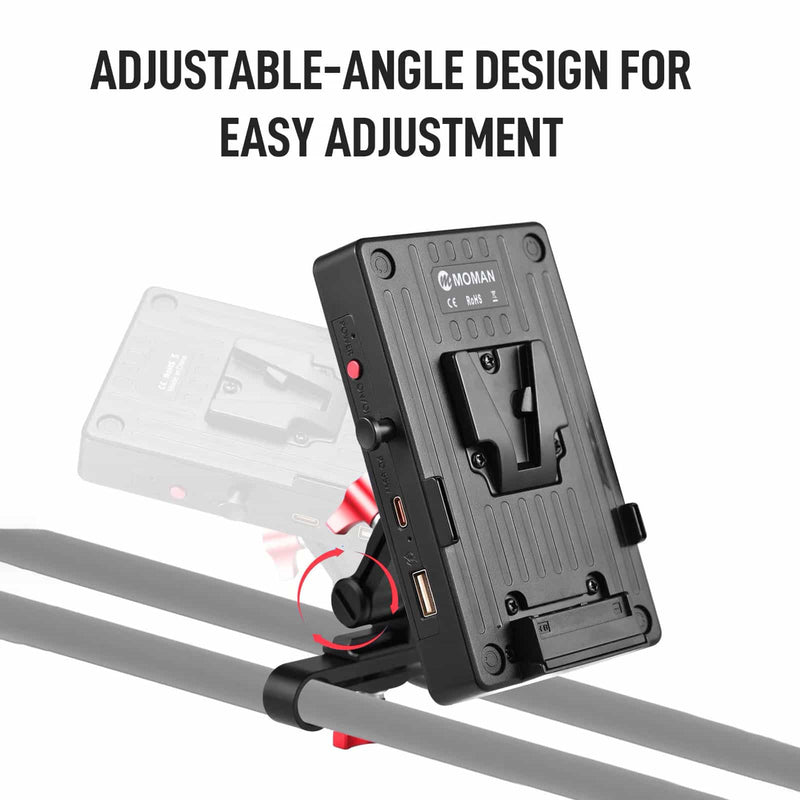 Moman VBP2 v-mount battery plate with USB-C port is designed to be angle-adjustable for easy mounting on 15mm rods.