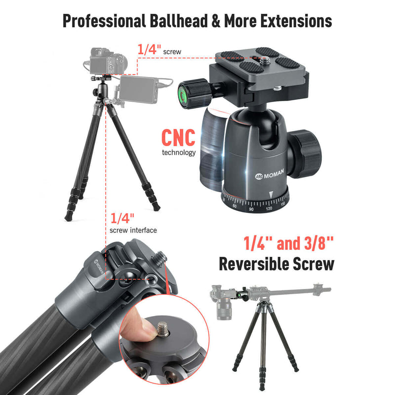 Moman CA50 carbon fiber travel tripod is built with a professional ballhead, and 1/4" and 3/8" reversible screws.