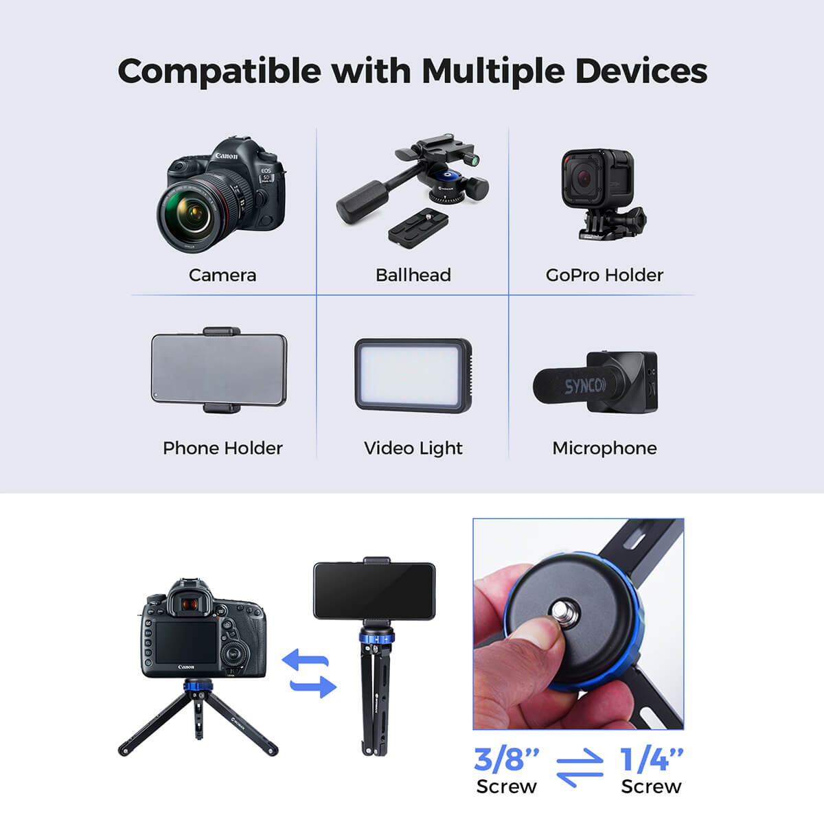 Moman TR01 tripod is compatible with multiple devices, such as cameras, phone holders, video lights, microphones, and so on.