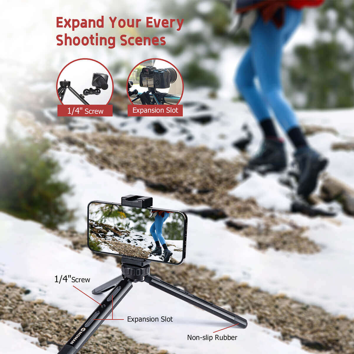 Koolehaoda Mini Treppiede Da Tavolo MT-02 In Alluminio - Vite 1/4" E 3/8", Carico 10kg, Per DSLR, Fotocamera, Action Cam, Smartphone