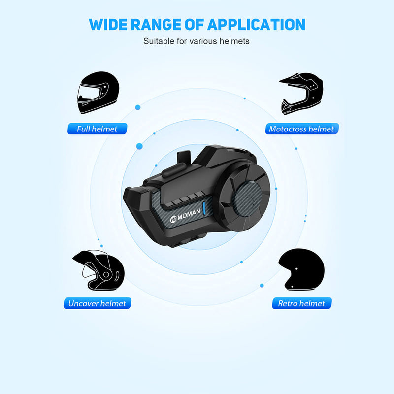 Moman BlueTooth communication sets for motorcycles H2 are suitable for uncover, retro, motocross, and full helmets, etc.