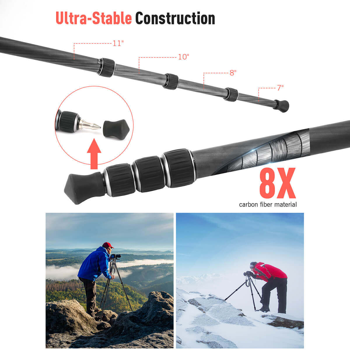 Moman CA50 travel photography tripod is made to have an ultra-stable construction with 8X carbon fiber material.