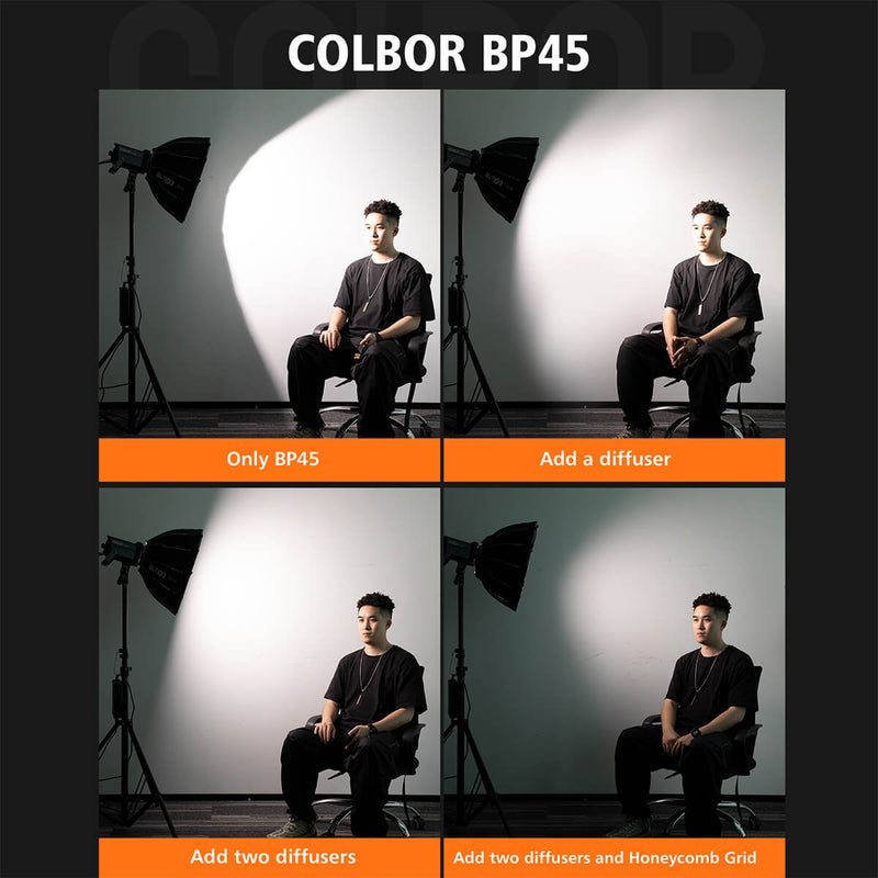 COLBOR BP45 utilized with different quatity of diffusers and Honey Grid, can provide various lighting effects.
