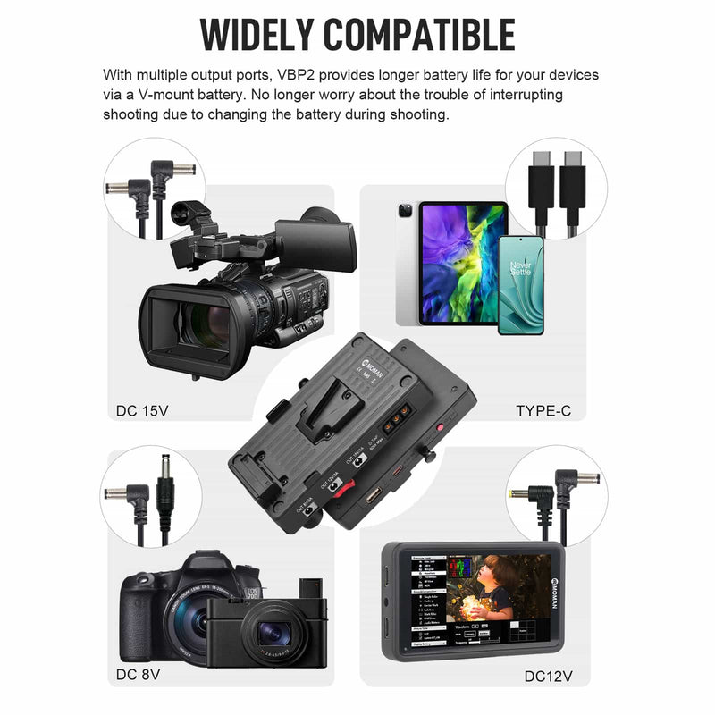 Moman VBP2 is ideal to charge different devices, which includes cameras, monitors, Type-C phones, camcorders, etc.