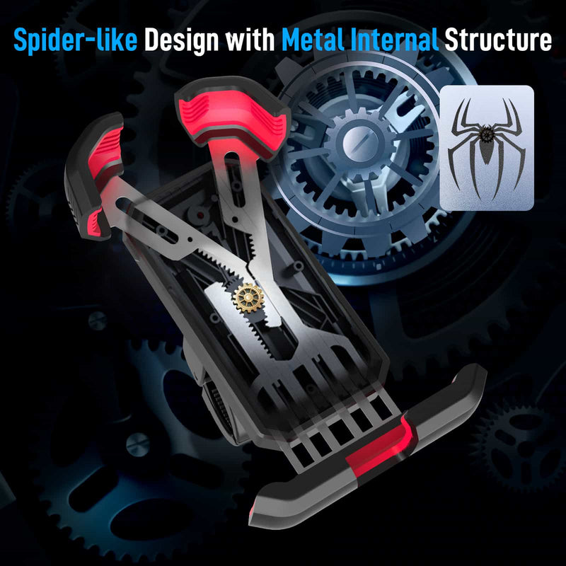 Moman PME1 cell phone holder for motorcycle handlebars has a spider-like design with metal internal structure.