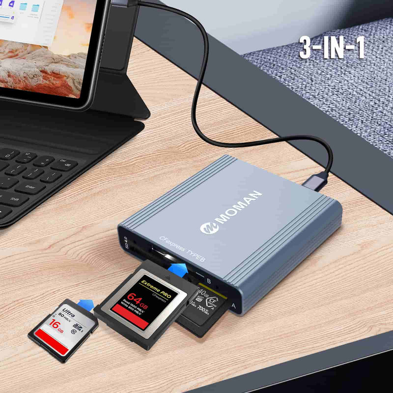 Moman CR3 best gift idea for professional photographers and videographers is a 3-in-1 card reader for PC.