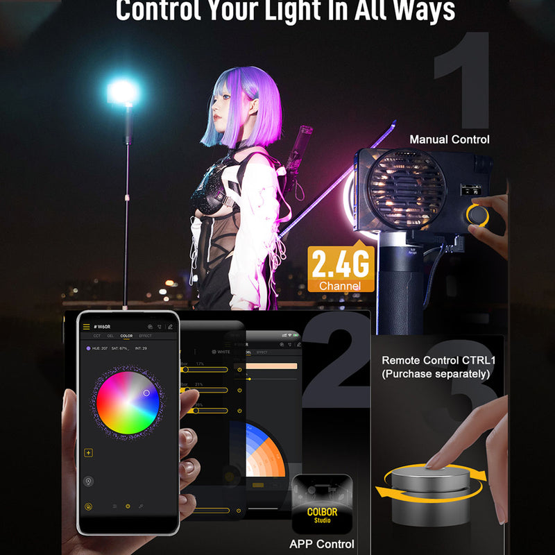 Luce video LED RGB portatile COLBOR, Wonder W60R 60W CRI97+ Controllo APP con connettore DC/tipo C