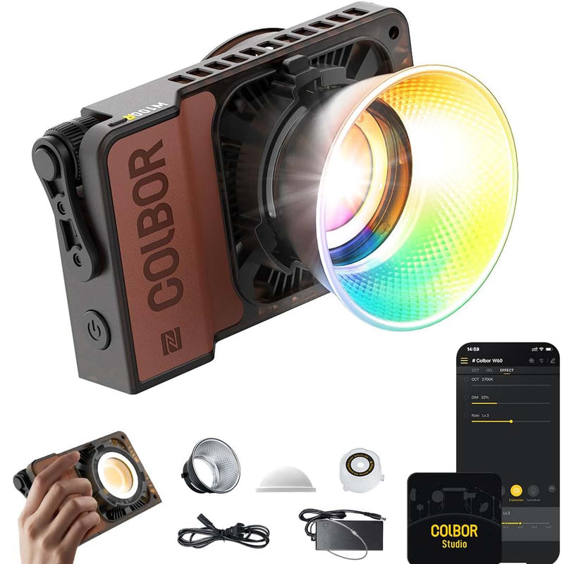 COLBOR W100R RGB LED light for photography offers full colors of lighting and comes with a reflector and softbox ball.