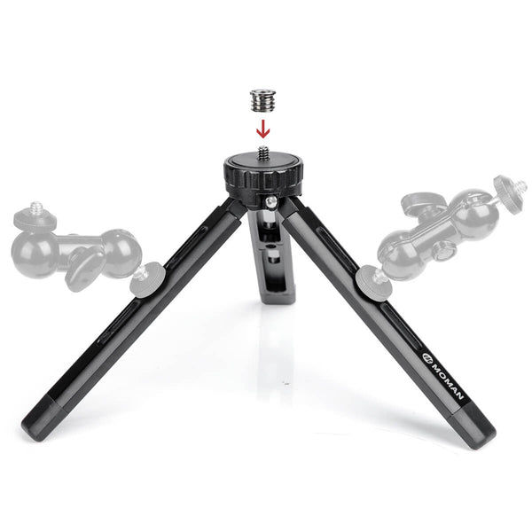 Moman TR01S mini camera tripod is made by the lightweight and robust CNC Aluminum. It can hold DSLR, phone, monitor, etc.