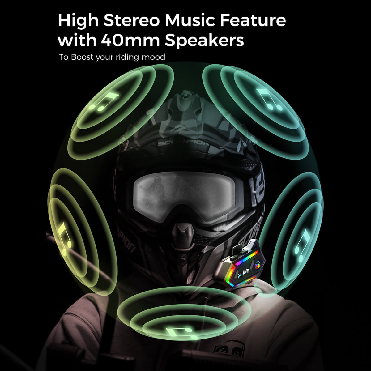 Moman Motorcycle Helmet Headset, H4R with 【RGB Light】 Motorbike Helmet Speaker Single Use Wireless 5.3 Headphone with AI Voice Waterproof Noise