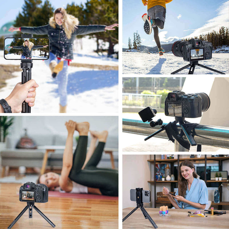 Moman TR01S compact deskop camera tripod stand can be held in hands as a hand grip. It also can be placed on floor or desk.