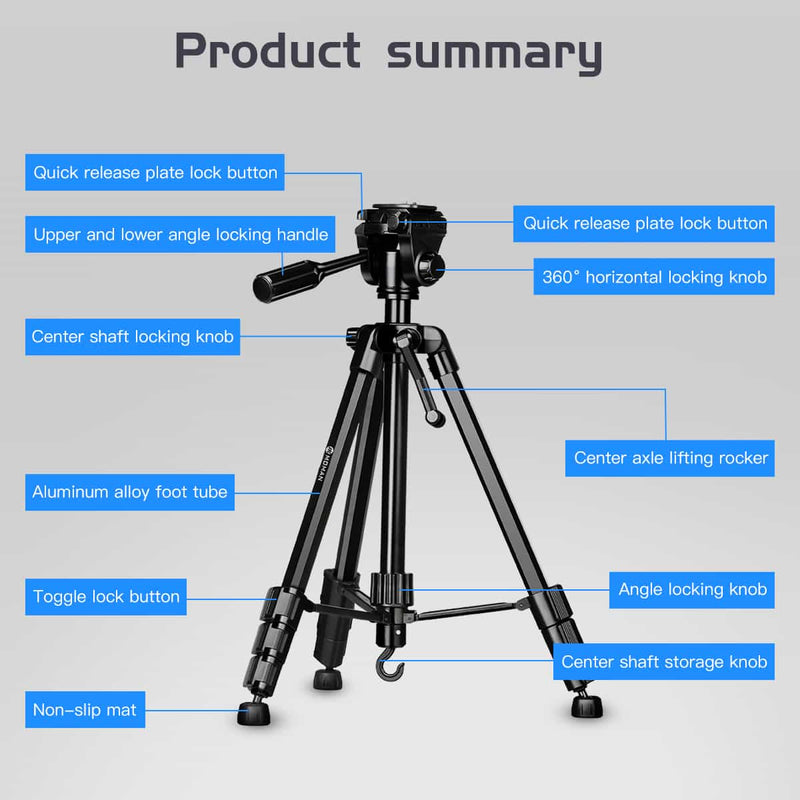 Product Summary of Moman Max80 heavy duty camera tripod stand from top to bottom.