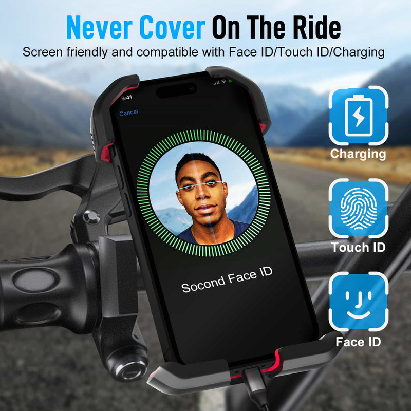 Moman PME1 phone holder does not cover your cell phone screen. Riders can use Face ID/Touch ID and charge freely.