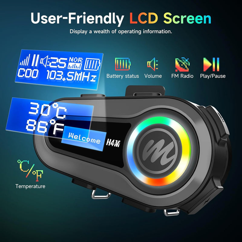 Moman H4M is built with a user-friendly LCD screen to show battery status, volume, FM radio, play/pause status, and temperature.