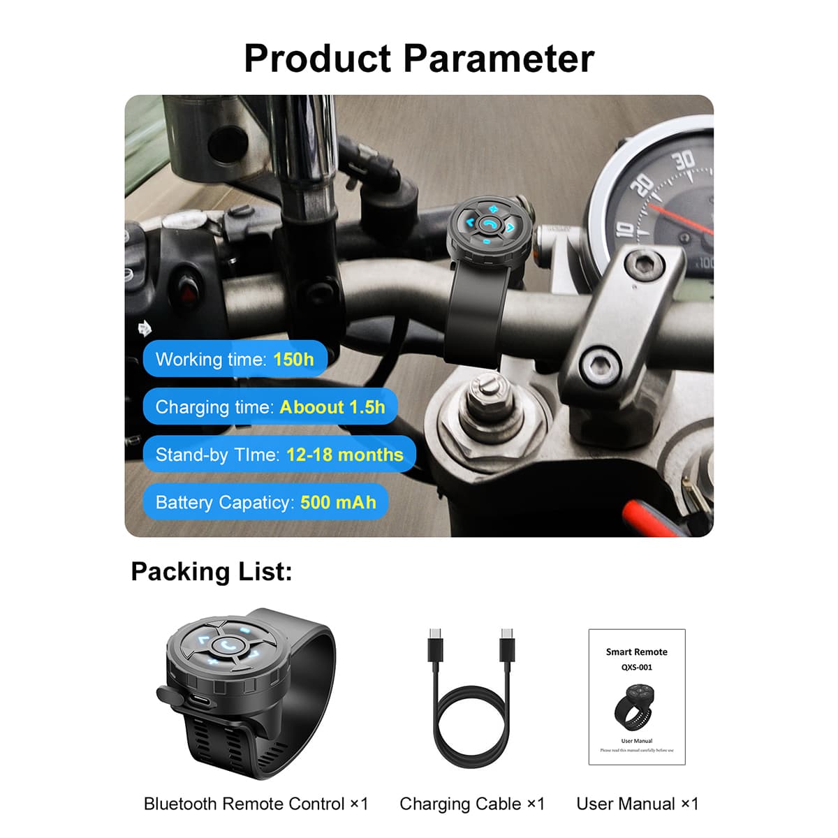 Namvo Bluetooth Afstandsbediening Motorfiets - Oproepen, Muziek & Stemassistent Bediening