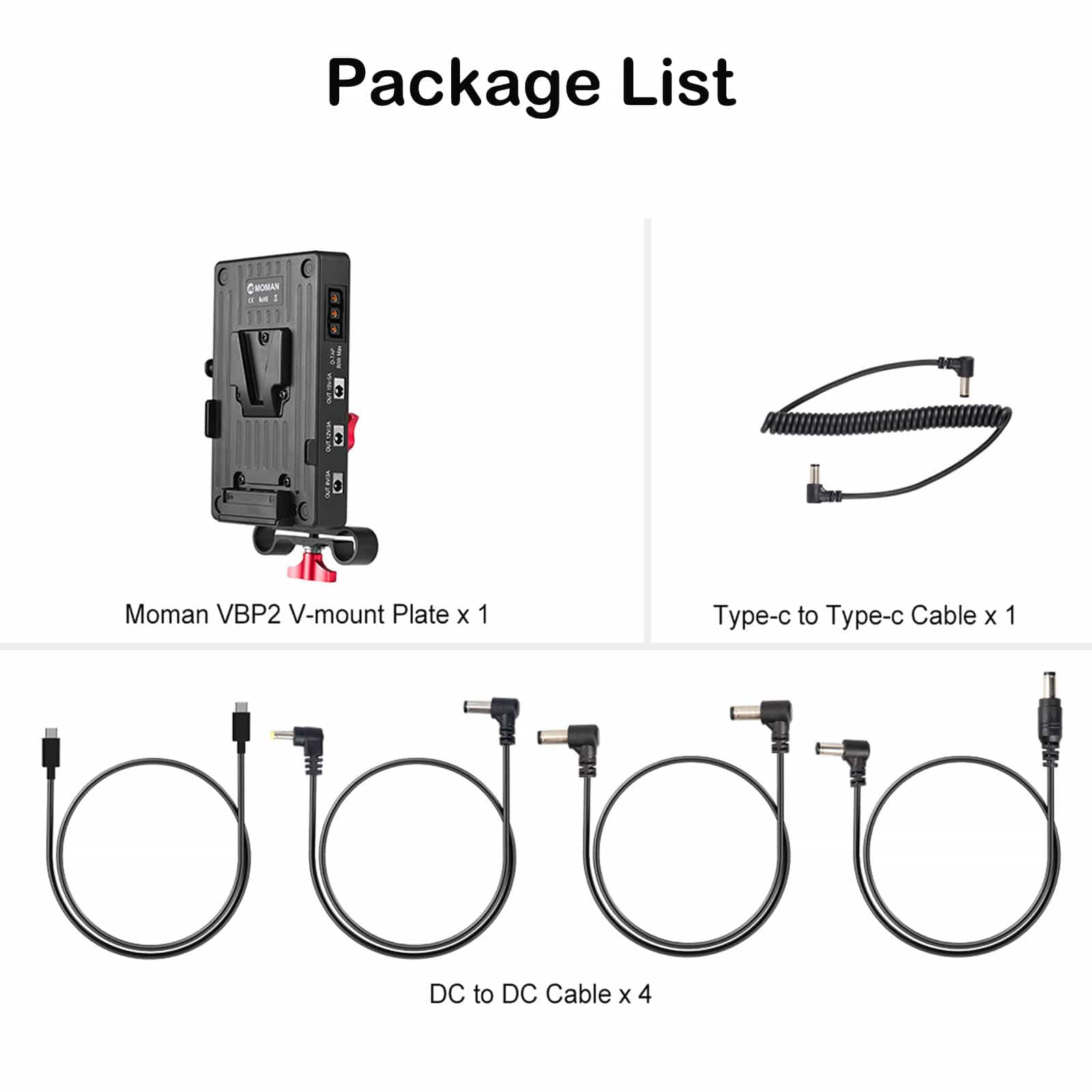 Moman VBP2 v-mount plate for 15mm rod package list: The VBP2, a Type-C to Type-C cable, and four DC to DC cables.