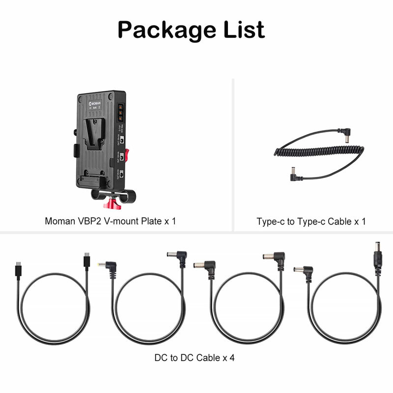 Moman VBP2 v-mount plate for 15mm rod package list: The VBP2, a Type-C to Type-C cable, and four DC to DC cables.