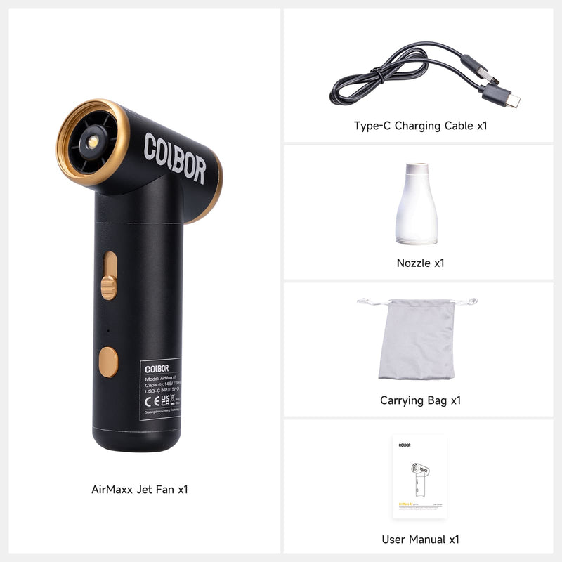 COLBOR AirMaxx A1 package list:  Jet fan, Type-C charging cable, nozzle, carrying bag, and a user manual.