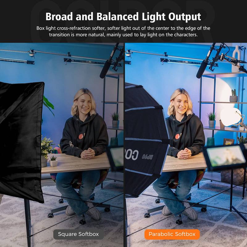 COLBOR BP90 softbox equipment for video lighting provides a balanced, bright, clear, and broad light output.