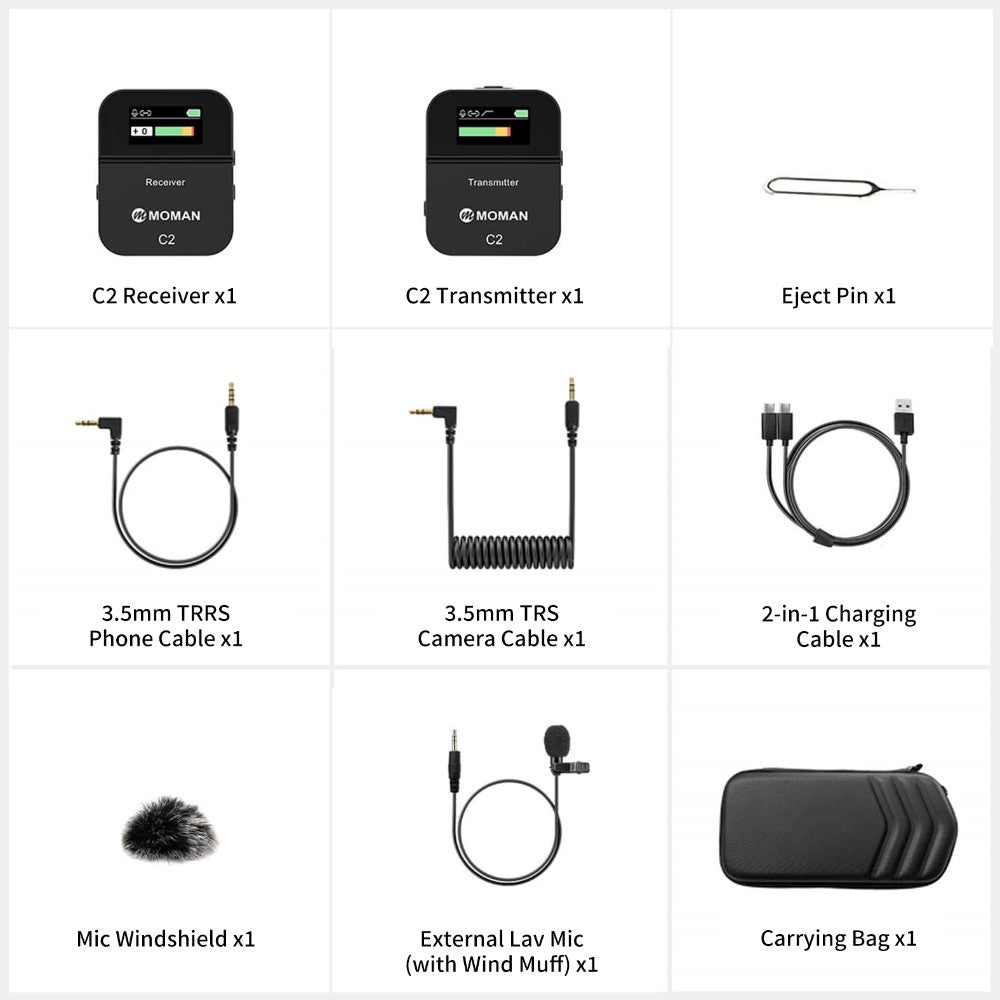 Moman C2 phone mic's package contents including receiver & transmitter, an external lav mic, and three cables, etc.