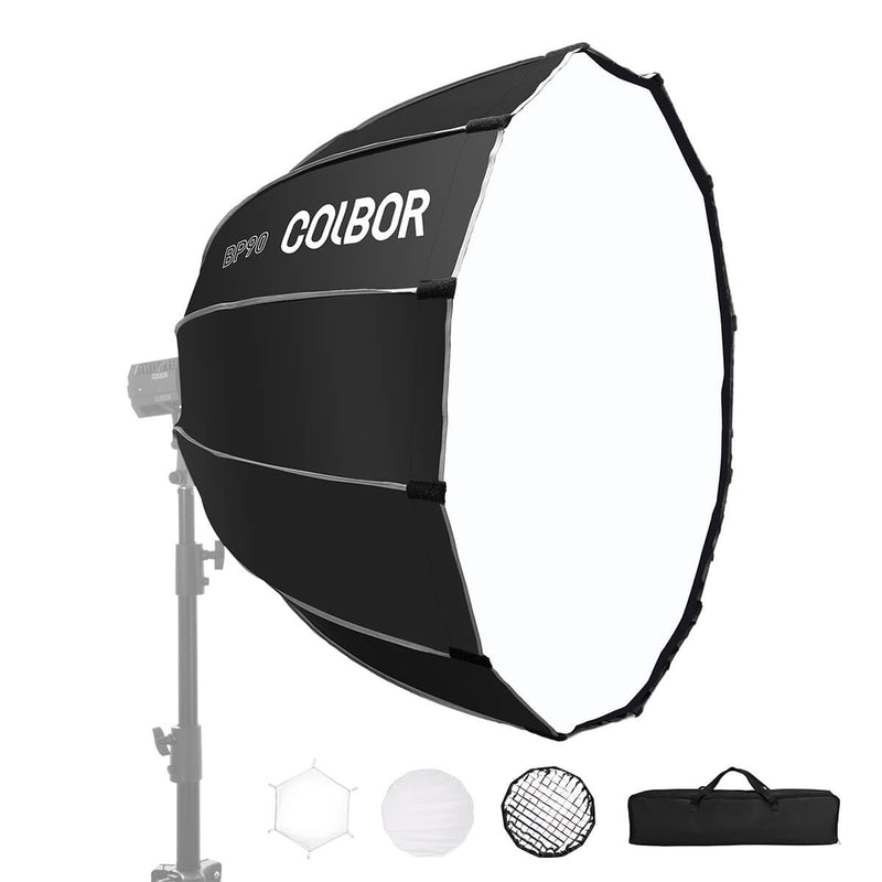 COLBOR BP90 parabolic softbox Black is of 90cm. It is compatible with Bowens mount, and it is packed with two diffusers.