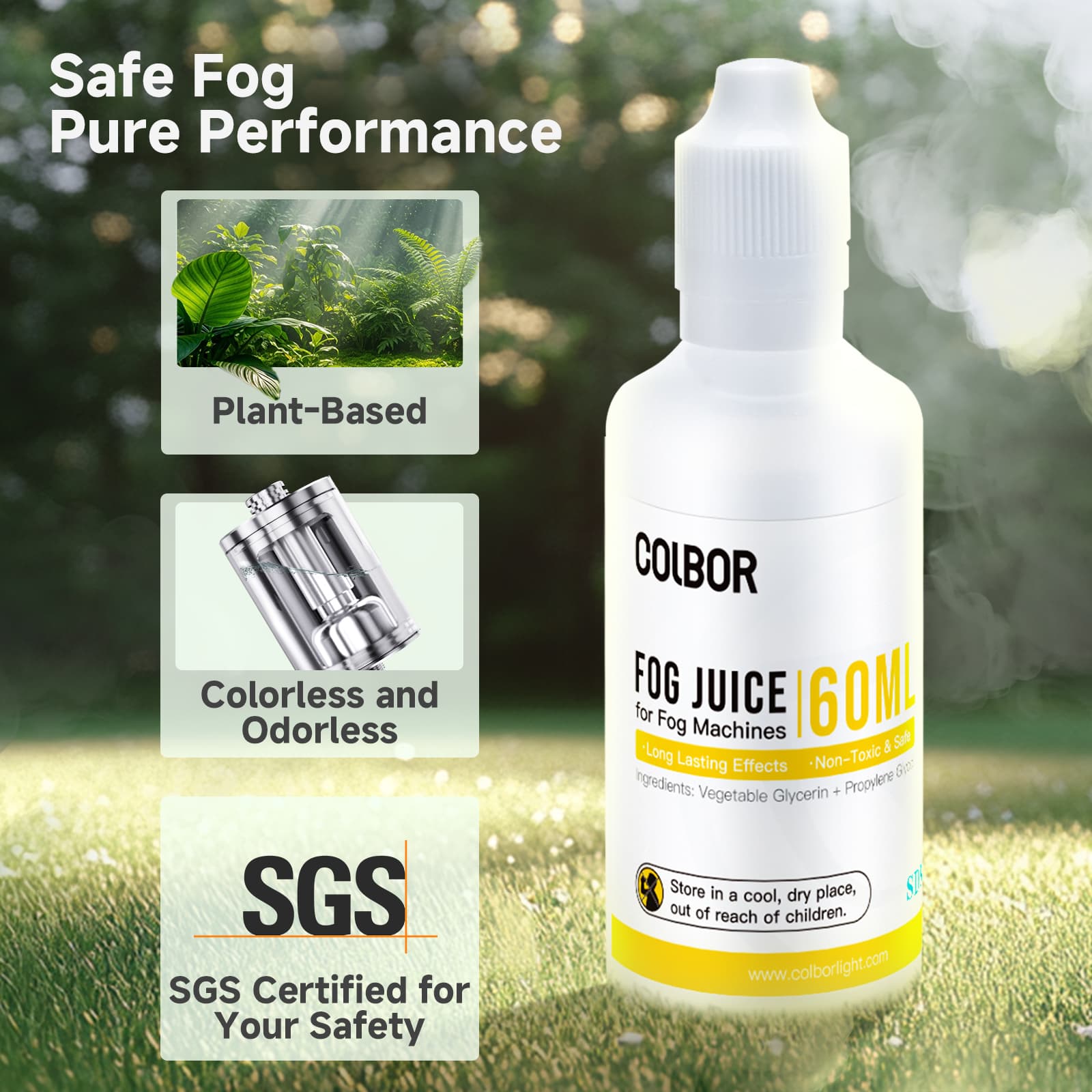 COLBOR fog liquid for smoke machine is plant-based, colorless, odorless, and SGS certified.