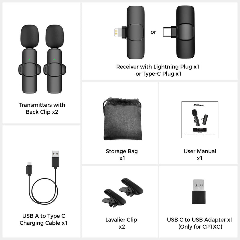 Moman CP1X package list: Two Transmitters, a receiver, a charging cable, a storage bag, two Lav clips, a user manual, etc.