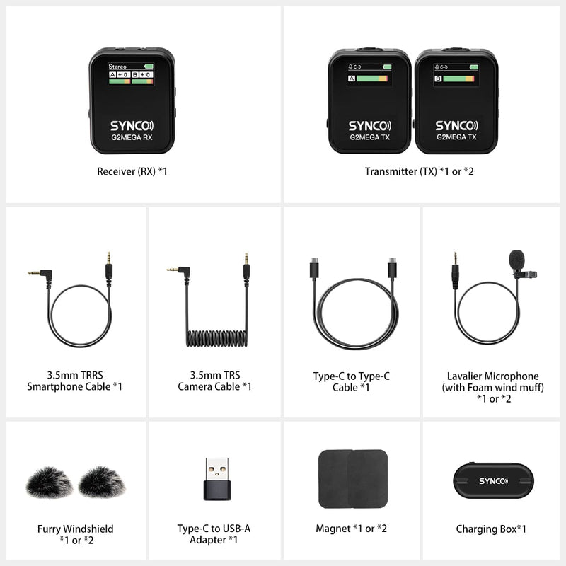 SYNCO G2(A2) Mega package list: Wireless mic, 3 adapter cables, lav mic, charging box, etc.