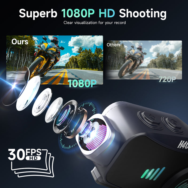 Moman H4C motorcycle helmet Bluetooth headset with camera ensures 1080p 30FPS video shooting.