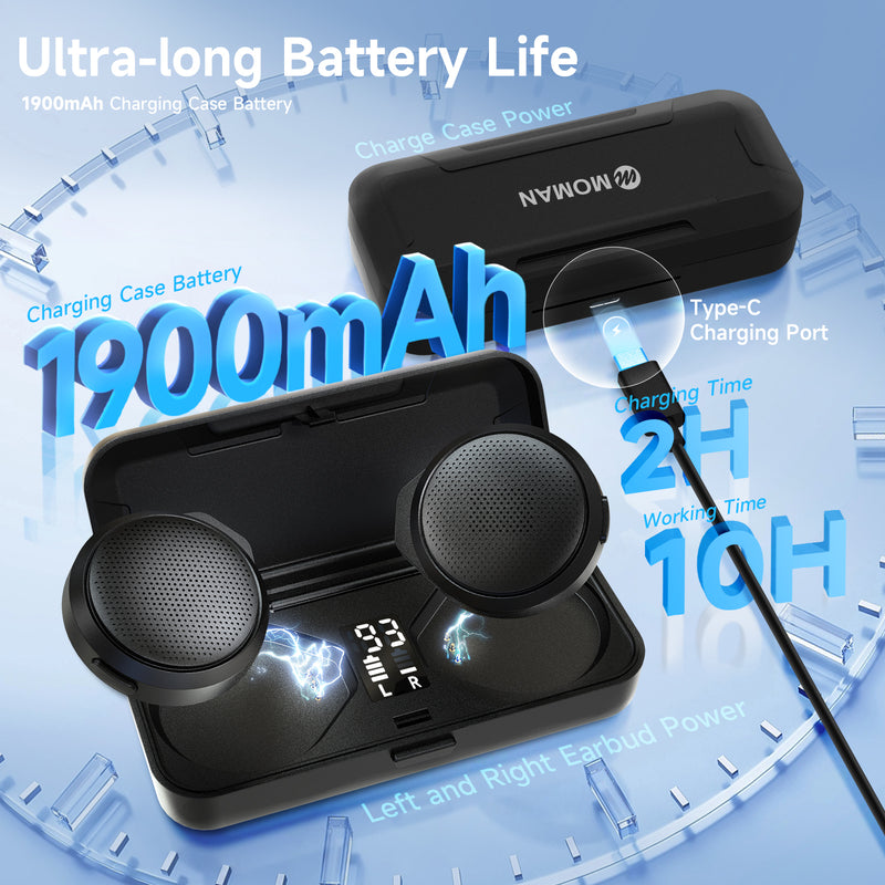 Moman HA1 charging case has a 1900mAh battery for 10 hours of working time.