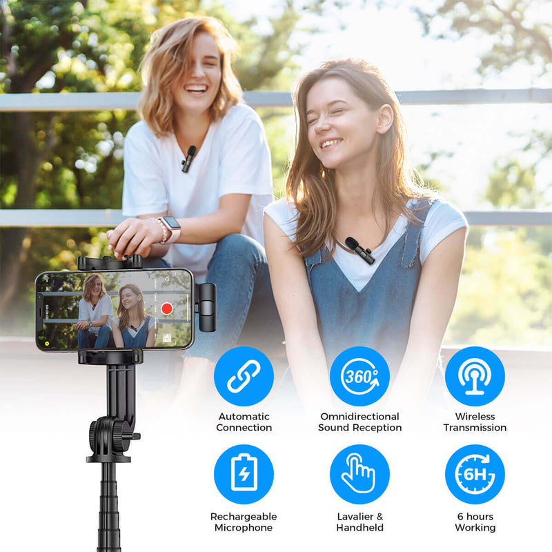 Moman CP1X lavalier microphone for iPhone features auto connection, Omnidirectional sound reception, and 65ft wireless transmission.