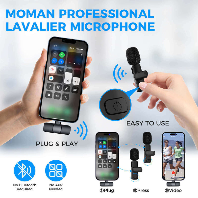 Moman CP1X professional Lavalier microphone is easy to use for video recording. No Bluetooth and App needed.