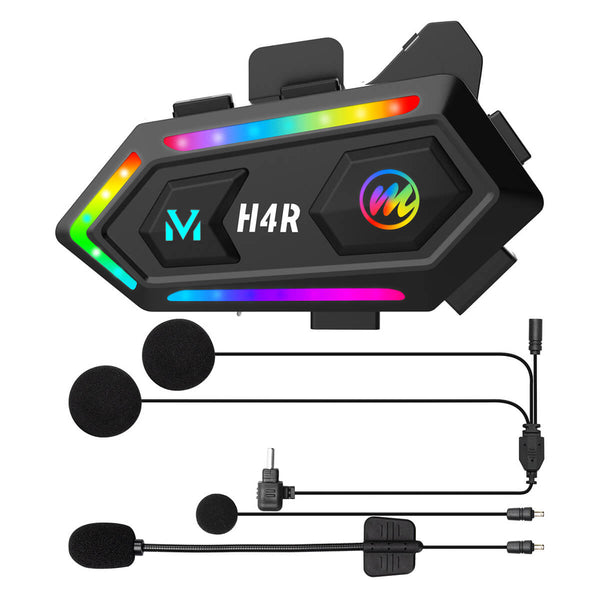 Moman H4R wireless motorcycle headset is for single rider use. It has 16 RGB lighting effects and one-press voice activated for hands-free phone control.