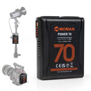 Moman Power 70 70Wh V-mount battery can be mounted on gimbals for charging cameras. It's of high-density and slim body.