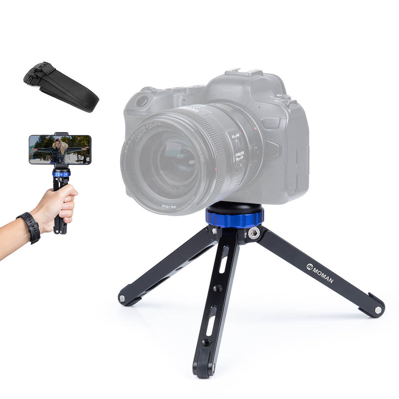 Moman TR01 mini desktop tripod Blue Black can be used to mount cameras and smartphones. It can be a handheld grip for video shooting as well.