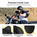 A person using the Moman HEB motorcycle speaker pockets with dual-secure mounting for speaker positioning and wind noise reduction.