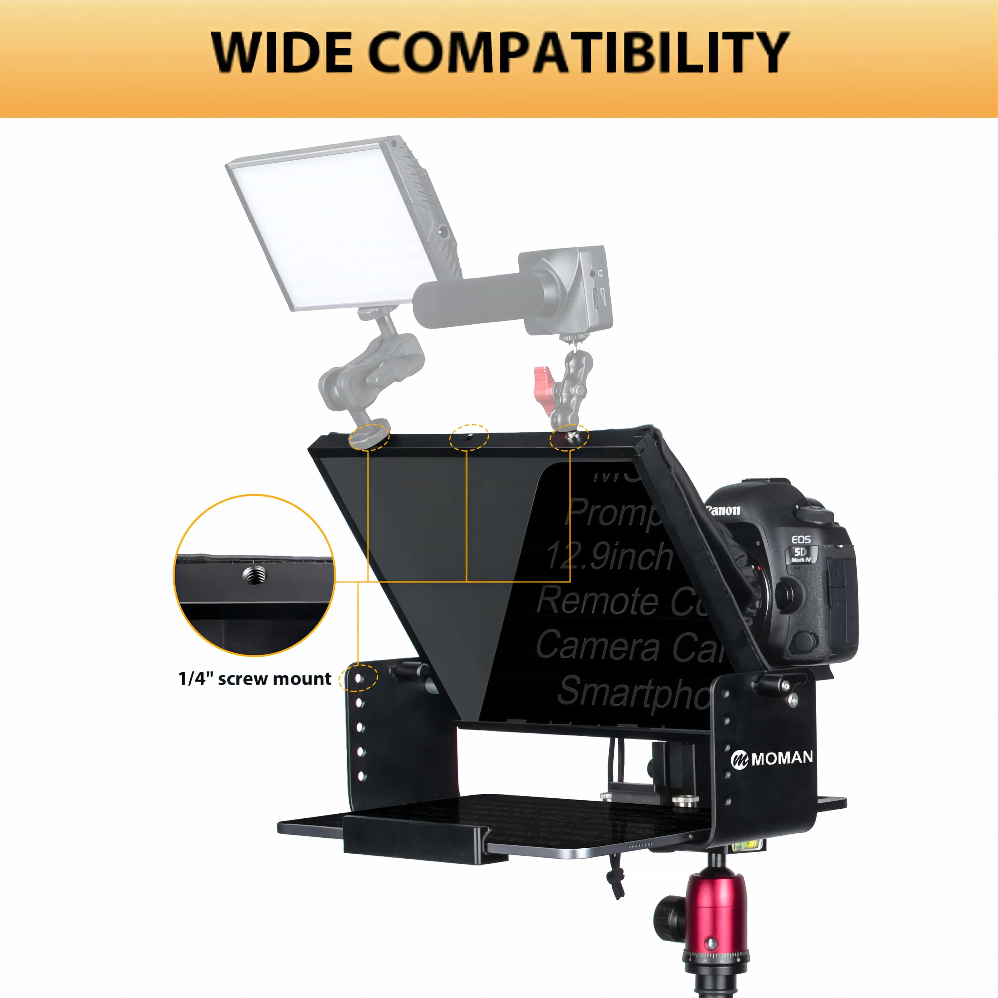 Moman MT12 teleprompter for dslr camera in one-piece design can be set up easily for wide applications