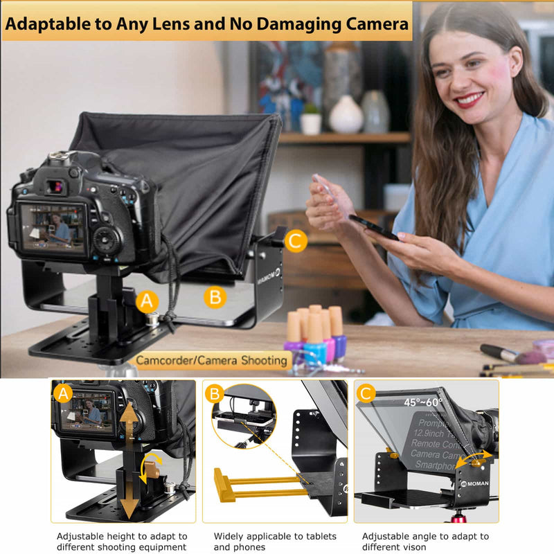 Moman MT12 teleprompter for video shooting is adaptable to any lens and no damaging camera.