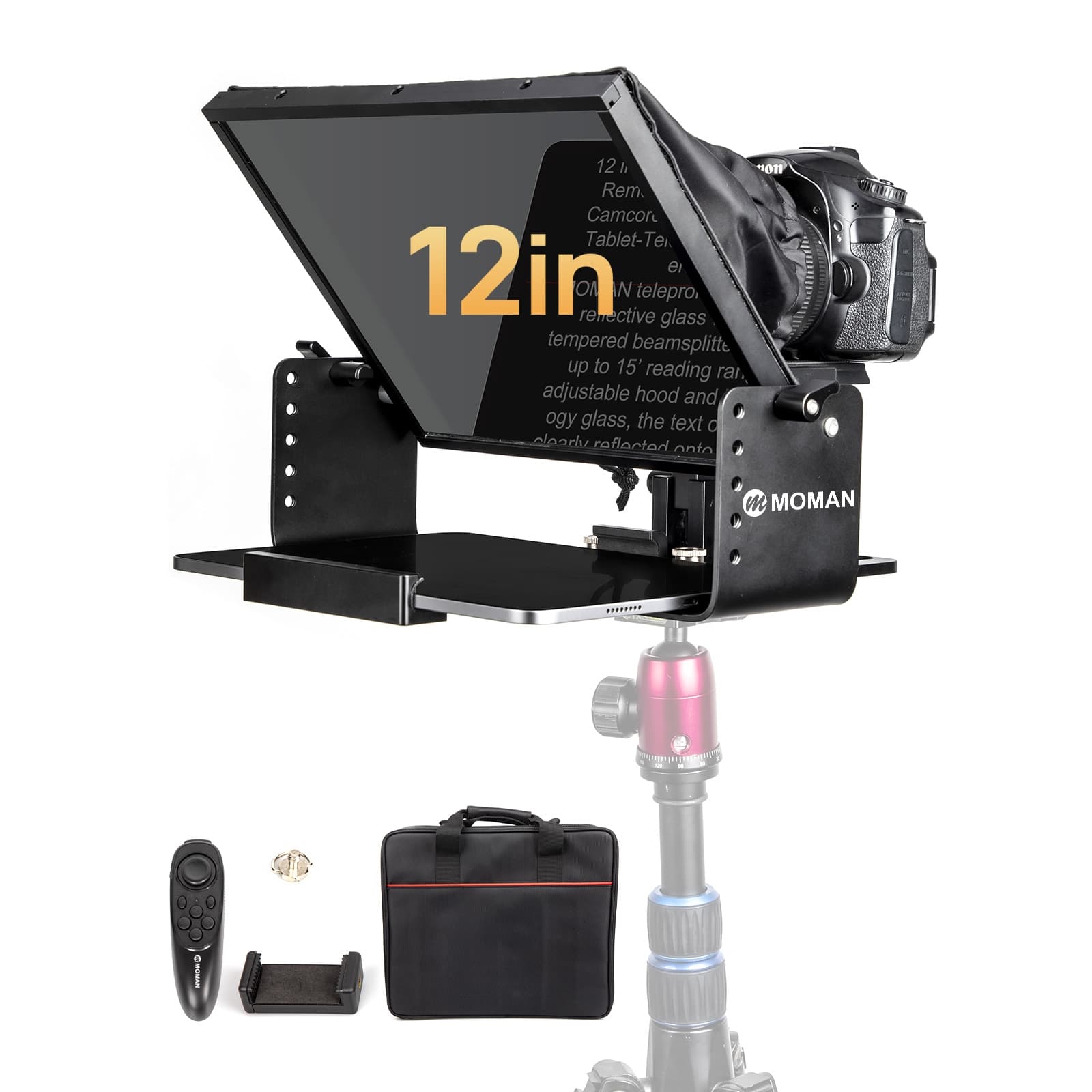 Moman MT12 professional teleprompter offers clear and wide angle display, smooth scrolling and easy remote control