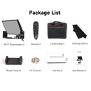 With a teleprompter, a remote, a phone tripod mount and clamp, a 1/4" screw, a carrying bag, etc.