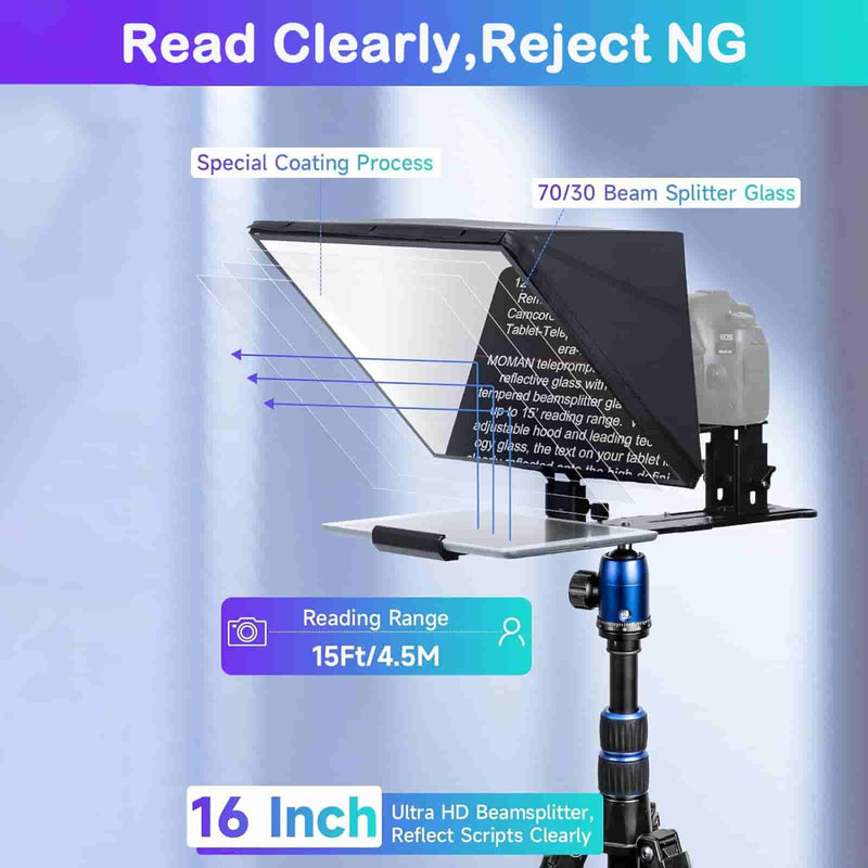 Moman MT16 video camera teleprompter has a 16-inch glass to ensure a 15ft/4.5 reading range.