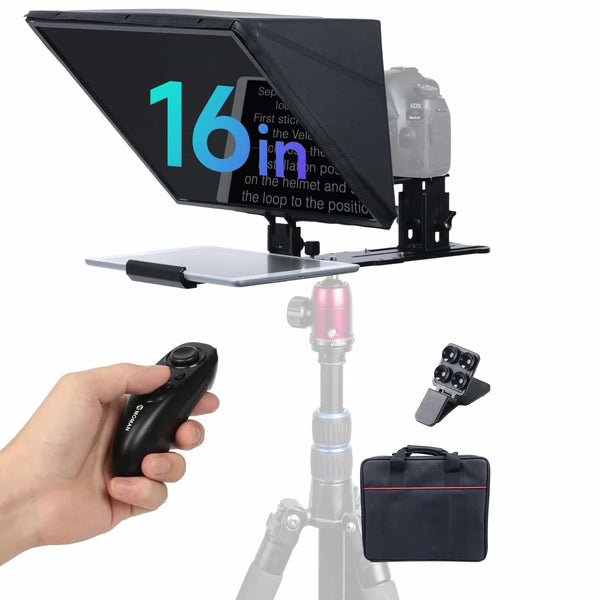 Moman MT16 teleprompter for mirrorless camera eatures a 16-inch beamsplitter glass and includes a remote control, a suction cup, and a carrying bag in the package.