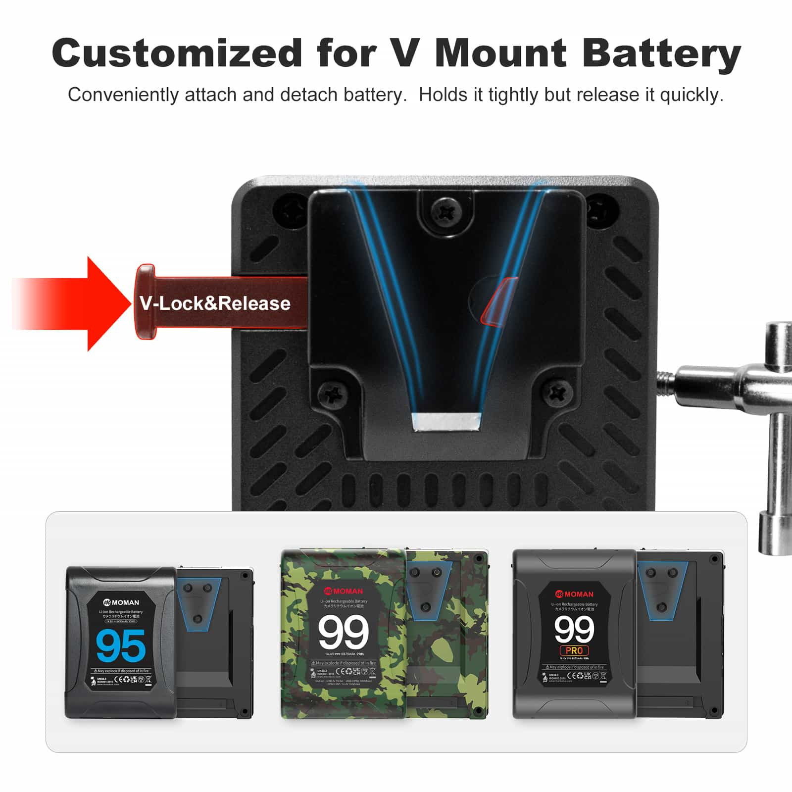 Moman MVBP is customized for v-mount battery. It can conveninently attach and detach the power supply.