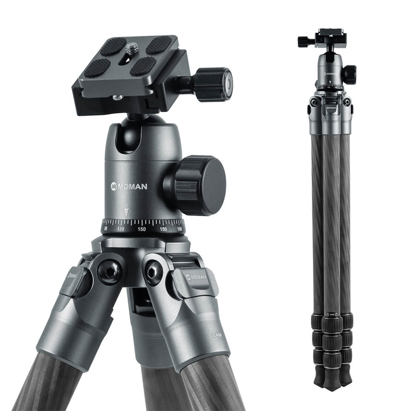 Moman CA50 tripod for travel photography is made of carbon fiber with max. 22lbs payload. It can work with cameras, camcorders, etc.