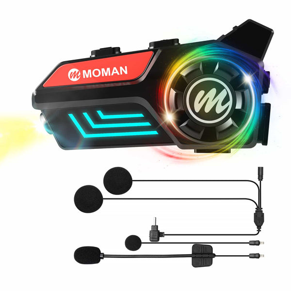 Moman H4S Bluetooth headset for dirt bike helmet has unique headlight and RGB lighting for safe and enjoyable riding.