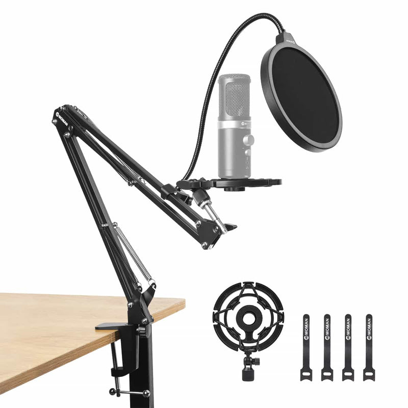 Moman SA33 microphone scissor arm stand can be mounted on a thick table. This kit includes a pop filter, shock mount, and clamp as well.