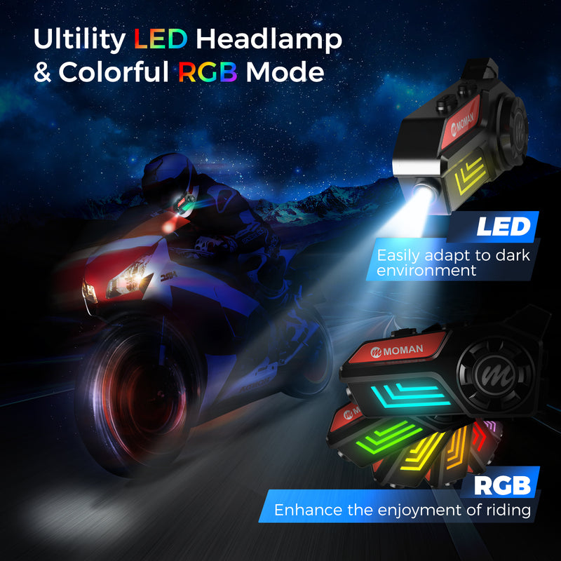 Moman H4S Bluetooth headset for motorcycle helmet is designed to have LED headlamp and RGB lighting modes.