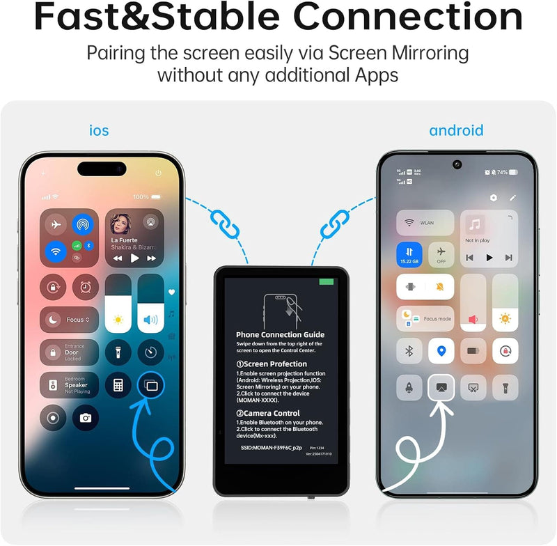 Pair the Moman XView M4 phone selfie monitor screen with the smartphone via screen mirroring without apps.